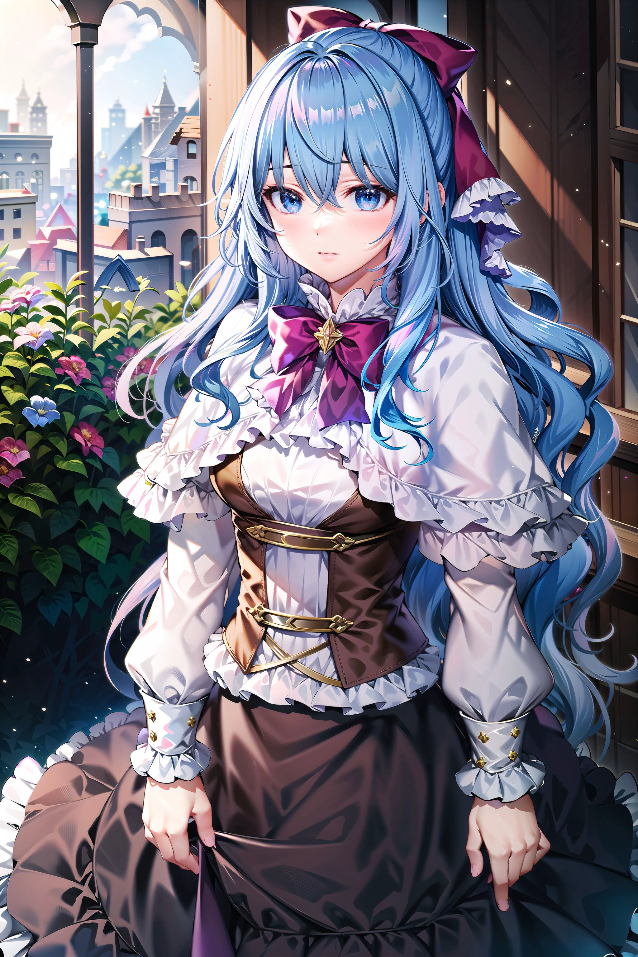 masterpiece, best quality, night garden, LiselotteCretia, lonely, long hair, wavy hair, bangs, blue eyes, blue hair, frills, (white capelet:1.2), hair bow, red bow, black dress, corset <lora:LiselotteLocon:0.6> <lora:LoconLoraOffsetNoise_locon0501:1>