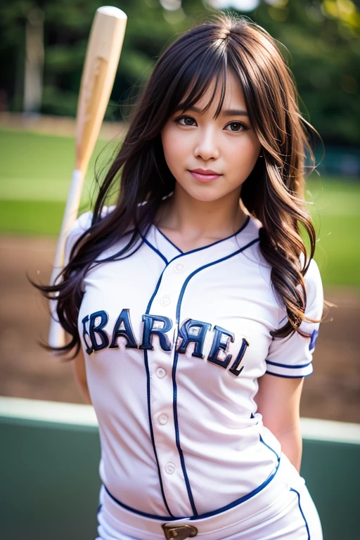 best quality,highly detailed,masterpiece,ultra-detailed (baseball uniform:1.1),(realistic:1),(wavy hair:1.0),(floating hair:1.0),(dynamic pose:0.9),(street:0),(smirk:1.2),(8k, RAW photo, best quality, masterpiece:1.2), (realistic, photo-realistic:1.37),(baseball bat:1),(arms behind back:1.2),(eyeball:1.2),a woman in a baseball uniform,
((masterpiece)), (((best quality))), ((ultra-detailed)), 
detailed skin texture,realistic,((detailed fingers)),(detailed face),detailed hair, <lora:japanese_actress_mix-V5:0.4>