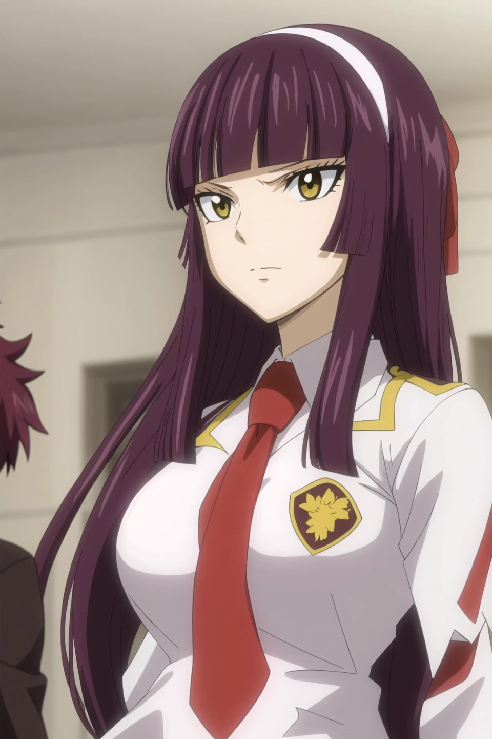 kagura, fairy tail, anime art style, 1girl, solo, long_hair, looking_at_viewer, bangs, brown_eyes, closed_mouth, school_uniform, purple_hair, hairband, necktie, collared_shirt, blunt_bangs, red_necktie, portrait, close-up, tsurime, serious, white_hairband, hime_cut