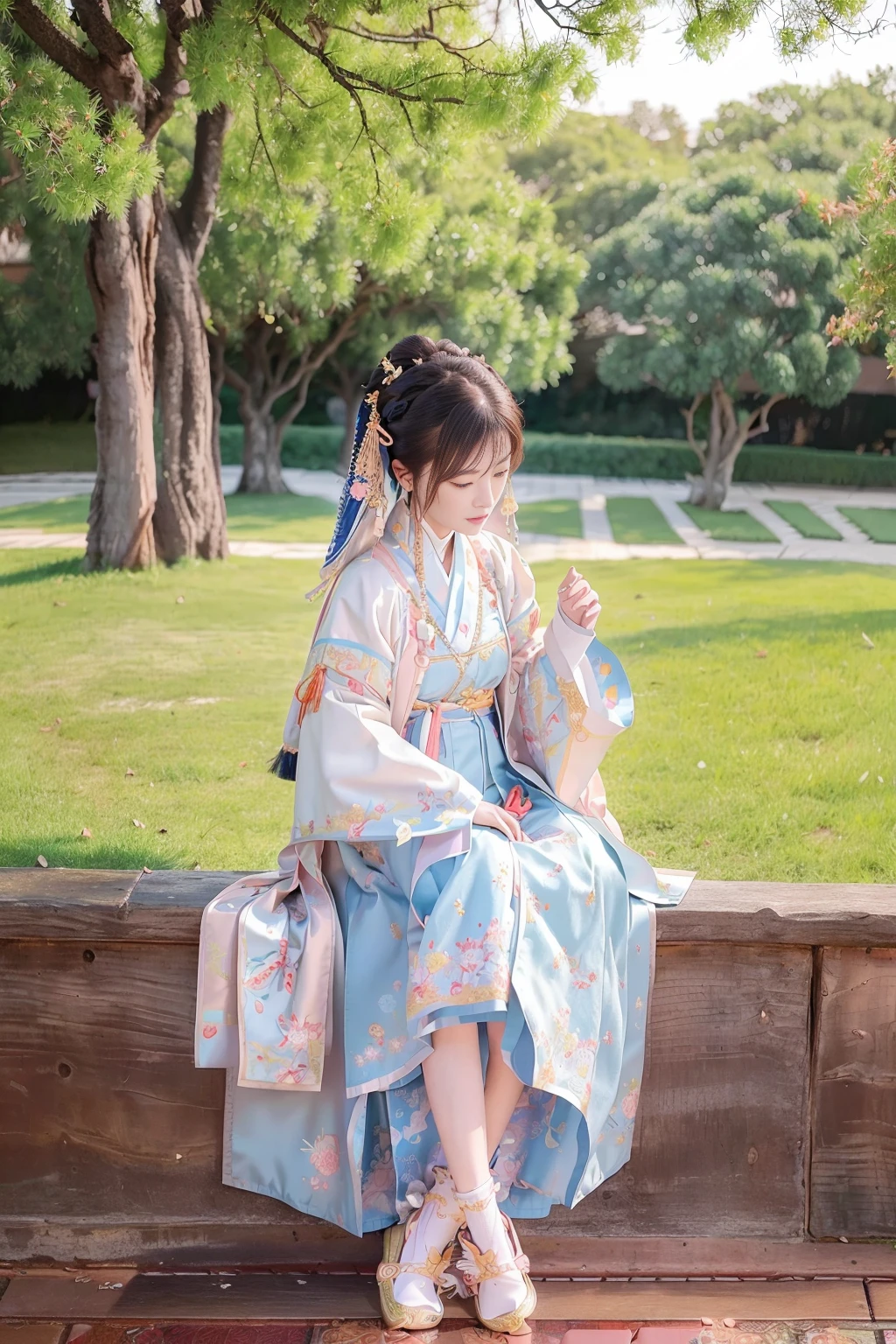 (best quality, masterpiece: 1.1), (realistic, photo-realistic: 1.1), beautiful detailed eyes,<lora:hanfu_v29:0.8>, ming hanfu, (ming style outfits, 1girl wearing short coat and mamian skirt,overlapping collar:1.2),(full body:1.3),<lora:taiwanDollLikeness_v10:0.3>