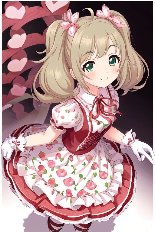 Sato Shin, 1girl, ahoge, blonde hair, blush, cherry print, clenched hands, cross-laced clothes, cross-laced dress, dress, food print, frilled sleeves, frills, full body, gloves, green hair, hair ribbon, hanai yuyu, heart, idol, looking at viewer, neck ribbon, patterned background, print dress, ribbon, smile, solo, twintails, wavy hair, white gloves, green eyes
<lora:deresute-000016:1>