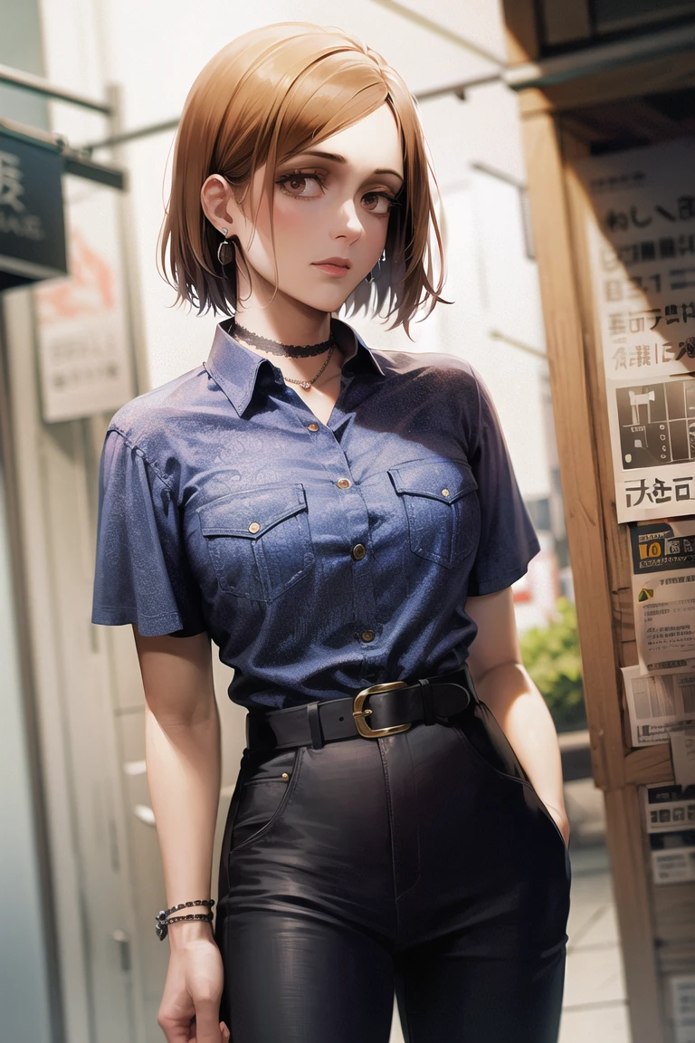 1girl, cowboy shot, beautiful NobaraJK, shirt, outdoors, belt, choker, collared_shirt, pants, black_belt, black_choker, breast_pocket, earrings, grey_shirt, night, pocket, shirt_tucked_in, short_sleeves, volumetric lighting, best quality, masterpiece, intricate details, tonemapping, sharp focus, hyper detailed, trending on Artstation, <lora:NobaraJK:1>