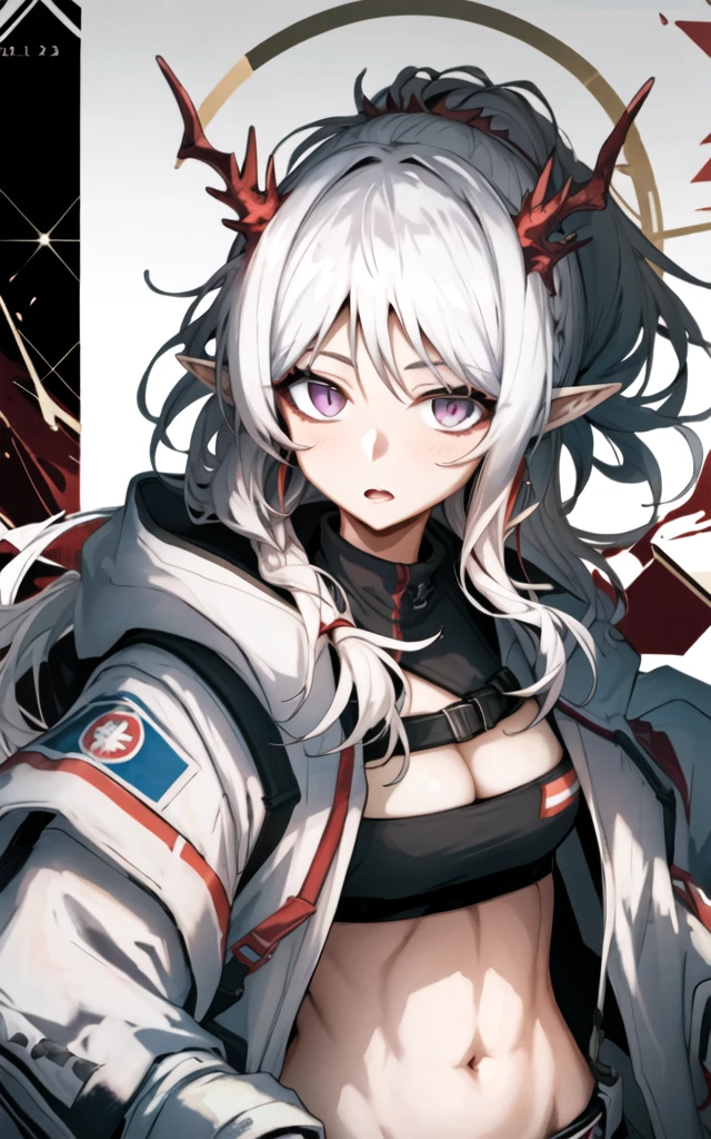 1girl, solo, horns, nian (arknights), white hair, pointy ears, open clothes, long hair, jacket, tube top, midriff, bandeau, looking at viewer, open jacket, upper body, navel, breasts, white jacket, strapless, ponytail, streaked hair, cleavage, bangs, multicolored hair, stomach, red hair, small breasts, earrings, purple eyes, dated, blush, belt, jewelry, open mouth, long sleeves, dragon horns, crop top, parted lips, abs, [midly muscular female ], medium breasts, open coat, red eyes, coat, white coat

(Highres), 8K, Detailed, Ambient Light, Digital Art, Soft Lighting, (Hyper-Detailed Background:1.2), Messy Hair, (Mature Face:1.4), (beautiful face:1.15), (((masterpiece))), (highest quality), ((perfect face)), very deep eyes, (cinematic lighting), detailed eyes, best quality,  realistic background, highres, (intricate details), detailed finger, extremely detailed, intricate, award-winning, hyper-detailed, hard lighting, intricate details, eyes focus, (illustration:1.1), highres, trending on artstation