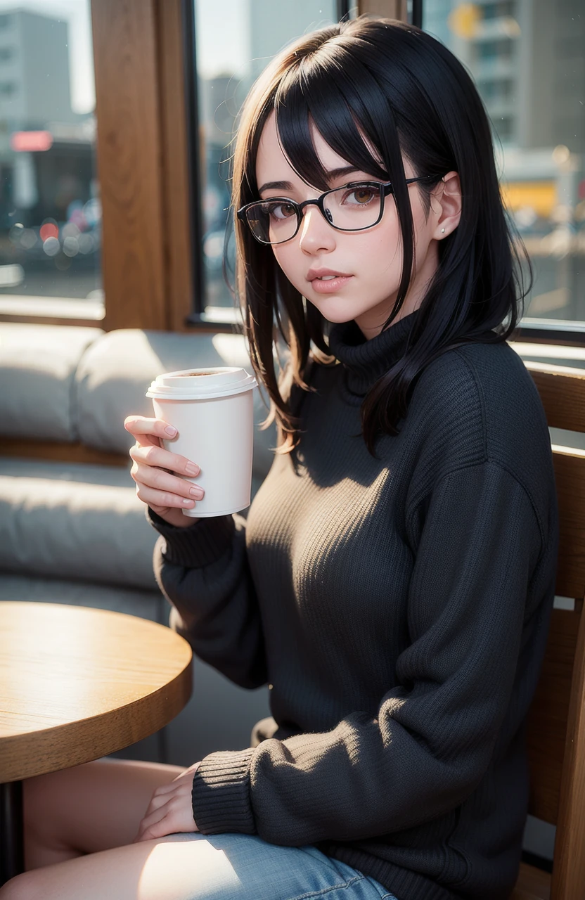 Cute girl in sweater black hair black wayfarer glasses sitting inside cafe drinking coffee with background by greg rutkowski makoto shinkai kyoto animation key art feminine mid shot