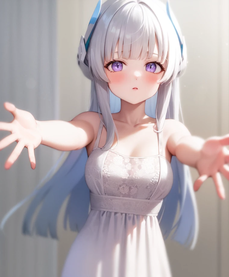 1girl, solo, white hair, (incoming hug:1.2), outstretched hand, purple eyes, dress, sundress, grey background, full body, white dress, medium breasts,