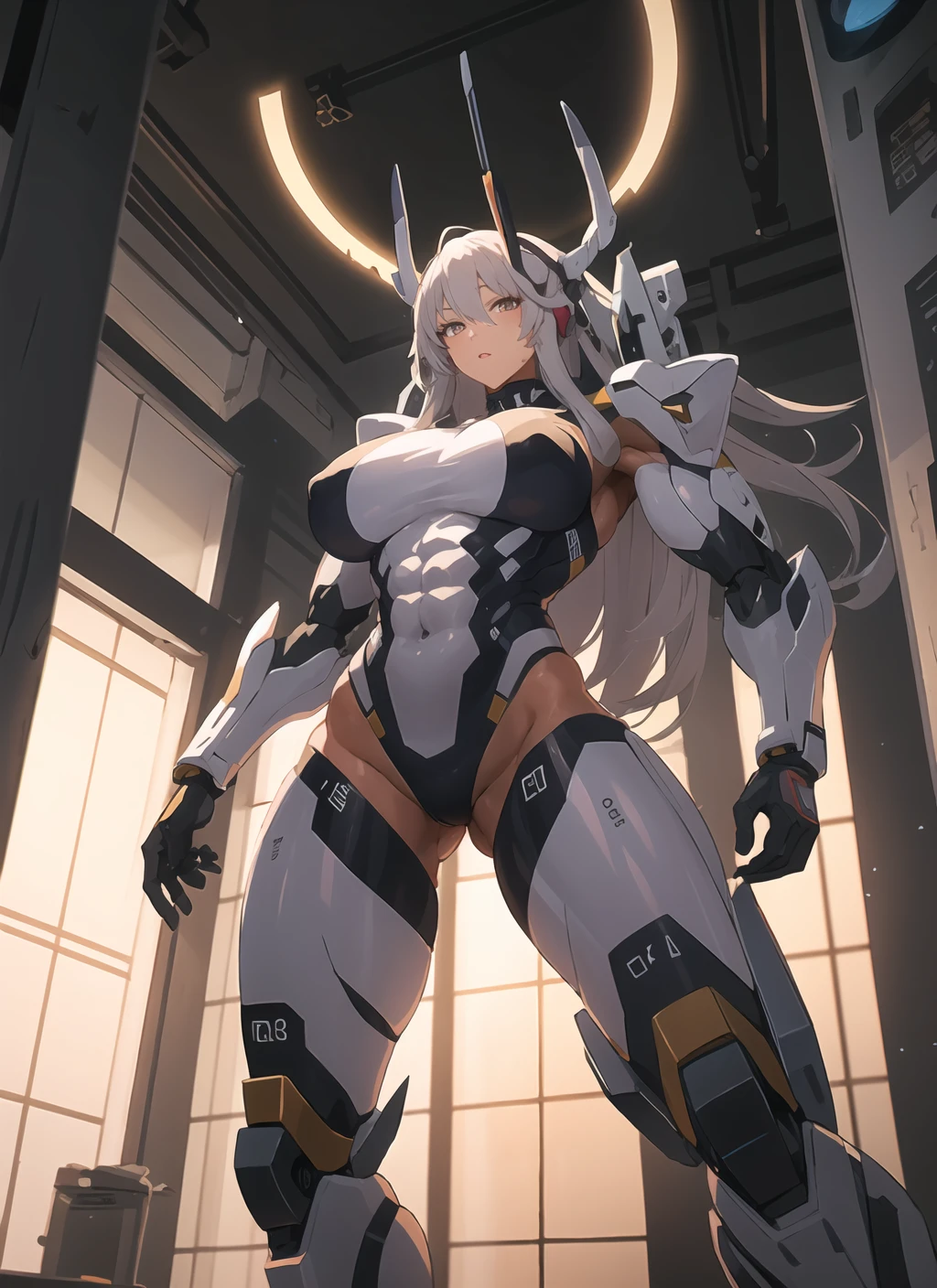 a woman in a futuristic suit with a sword,full-size photograph,Long legs, Slightly chubby,navel,Transparent skin,Perfect body shape,art feminine, Macro distance,mechanized valkyrie girl, ferra white mecha, girl in mecha cyber armor, female mecha, extremely detailed artgerm, echo from overwatch, Clear facial features,gorgeous female paladin,Advanced Rendering,depth of field