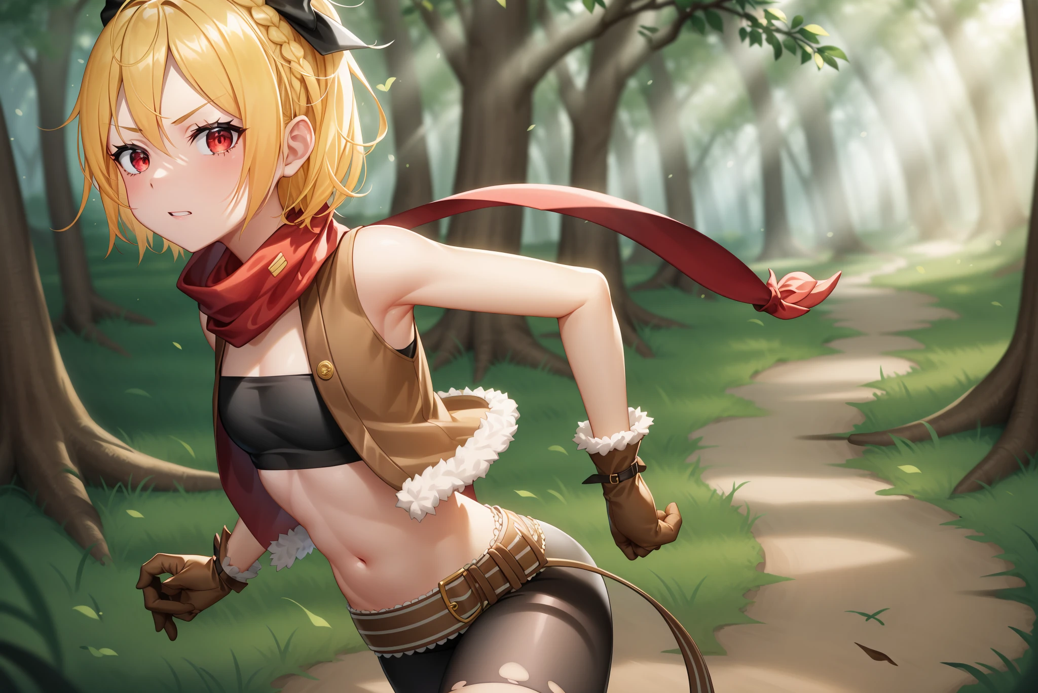<lora:Felt:1>
best quality, 4k, ((masterpiece)), extremely detailed, 8k, trending on ArtStation, Intricate, High Detail, Sharp focus,detailed background,(forest:1.4),
1girl, solo, scarf, navel, bow, blonde hair, red eyes, hair bow, red scarf, braid, short hair, belt, bandeau, small breasts,( running:1.2), looking at viewer, (smug:1.0), midriff, (cowboy shot:1.1),parted lips,blonde hair,black bow,,asymmetrical clothes, gloves,brown gloves, torn legwear,