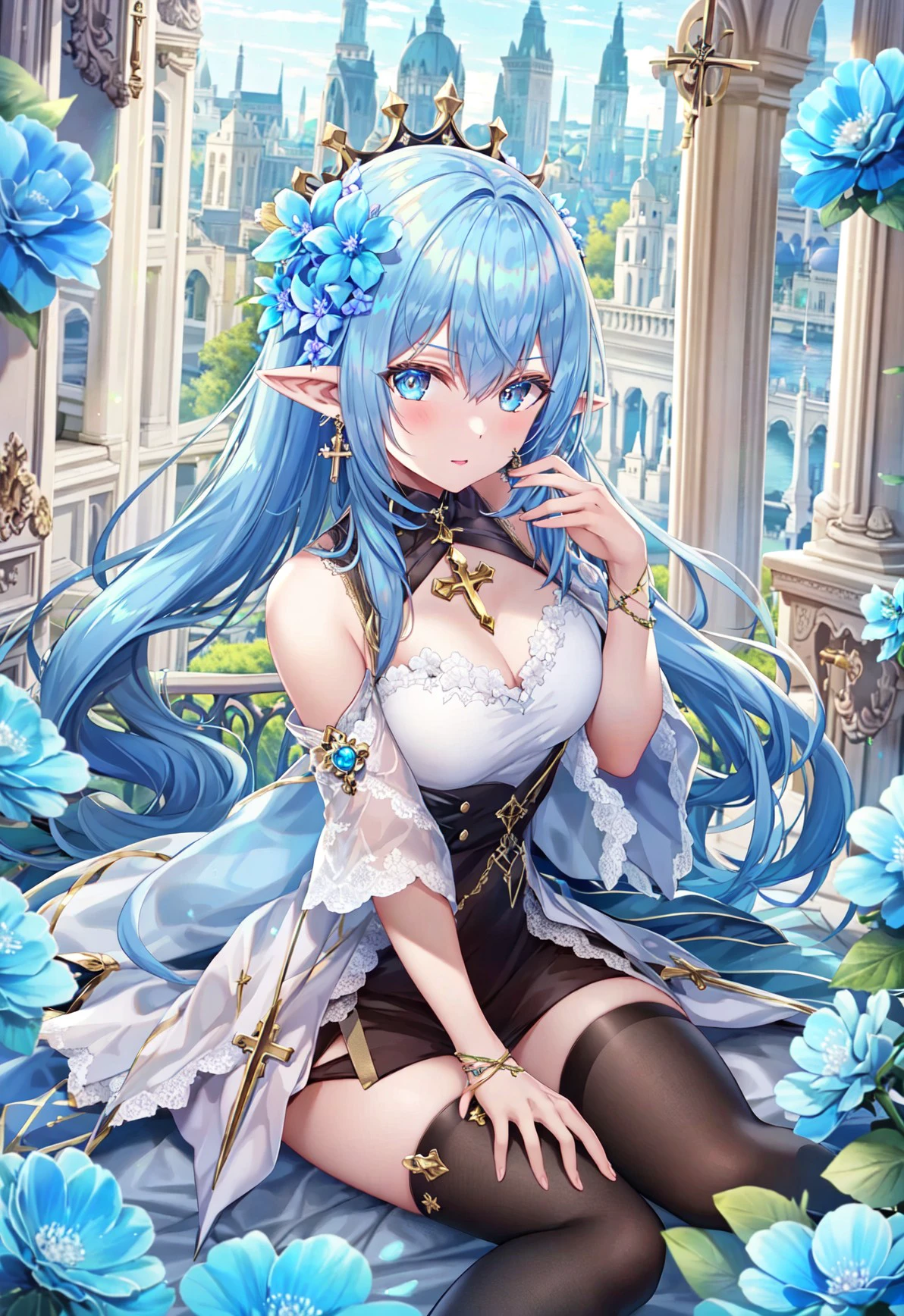 Masterpiece, one woman, solo, Arad in a blue dress, sitting on windowsill, trending on cgstation, 8K high quality detailed art, anime waifu in a nice dress, extremely detailed and exquisite fanart, attractive and alluring Anime woman, WLOP and Sakimichanstyle, Cute and seductive, flowing magical robe, Artgerm's highly detailed and realistic art, blue dress shimmering under the sunlight, delicate features, expressive eyes, crouching pose, showcasing white stockings, beautiful and enchanting.