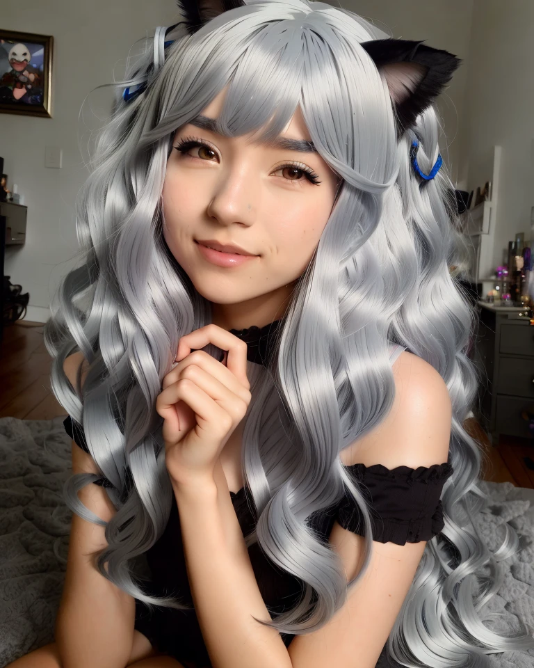 close up portrait photo, pokimane, <lora:PokimaneV2:1> ,as a catgirl, grey hair ,cosplay, sexy