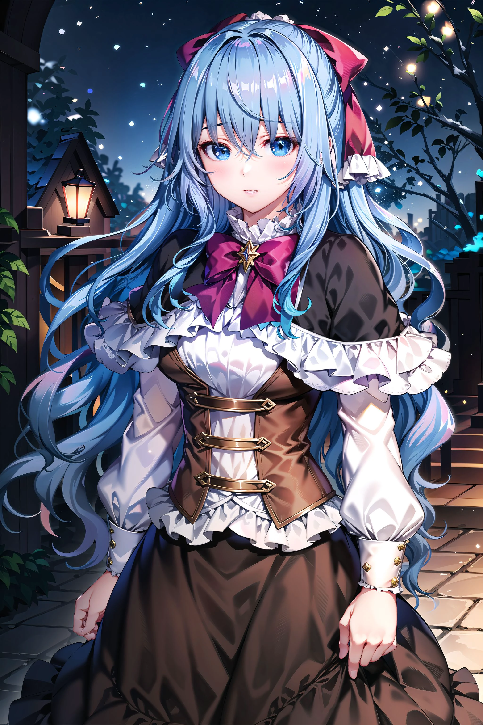 masterpiece, best quality, LiselotteCretia, long hair, wavy hair, bangs, blue eyes, blue hair, frills, hair bow, red bow, white capelet, black dress, corset, garden, night <lora:LiselotteLocon:0.6> <lora:LoconLoraOffsetNoise_locon0501:1>