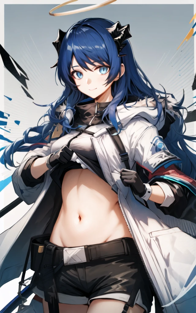 1girl, mostima (arknights), horns, solo, gloves, navel, halo, blue hair, shirt, long hair, looking at viewer, breasts, smile, clothes lift, white shirt, blue eyes, lifted by self, asymmetrical gloves, fur trim, white gloves, jacket, open clothes, mismatched gloves, groin, stomach, black gloves, black jacket, midriff, long sleeves, energy wings, shirt lift, open jacket, black shorts, demon horns, shorts, upper body, bangs, large breasts, hood, closed mouth, coat, cowboy shot, wings, open coat, fur-trimmed jacket, detached wings, medium breasts, hair between eyes, white border, fur-trimmed hood, border, hood down, short shorts
(Highres), 8K, Detailed, Ambient Light, Digital Art, Soft Lighting, (Hyper-Detailed Background:1.2), Messy Hair, (Mature Face:1.4), (beautiful face:1.15), (((masterpiece))), (highest quality), ((perfect face)), very deep eyes, (cinematic lighting), detailed eyes, best quality, realistic background, highres, (intricate details), detailed finger, extremely detailed, intricate, award-winning, hyper-detailed, hard lighting, intricate details, eyes focus, (illustration:1.1), highres, trending on artstation