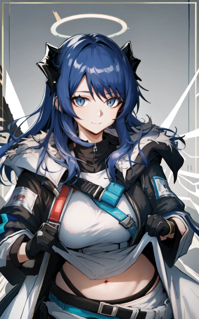 1girl, mostima (arknights), horns, solo, gloves, navel, halo, blue hair, shirt, long hair, looking at viewer, breasts, smile, clothes lift, white shirt, blue eyes, lifted by self, asymmetrical gloves, fur trim, white gloves, jacket, open clothes, mismatched gloves, groin, stomach, black gloves, black jacket, midriff, long sleeves, energy wings, shirt lift, open jacket, black shorts, demon horns, shorts, upper body, bangs, large breasts, hood, closed mouth, coat, cowboy shot, wings, open coat, fur-trimmed jacket, detached wings, medium breasts, hair between eyes, white border, fur-trimmed hood, border, hood down, short shorts
(Highres), 8K, Detailed, Ambient Light, Digital Art, Soft Lighting, (Hyper-Detailed Background:1.2), Messy Hair, (Mature Face:1.4), (beautiful face:1.15), (((masterpiece))), (highest quality), ((perfect face)), very deep eyes, (cinematic lighting), detailed eyes, best quality, realistic background, highres, (intricate details), detailed finger, extremely detailed, intricate, award-winning, hyper-detailed, hard lighting, intricate details, eyes focus, (illustration:1.1), highres, trending on artstation