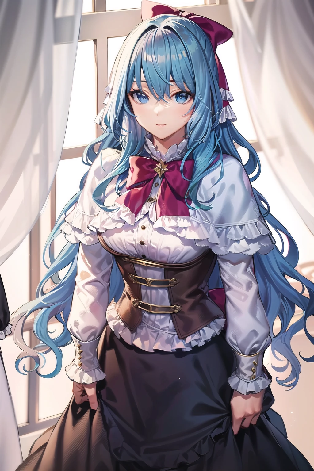 masterpiece, best quality, LiselotteCretia, standing, long hair, wavy hair, bangs, blue eyes, blue hair, hair bow, red bow, frills, white capelet, black dress, shirt, corset <lora:LiselotteCretia6:0.7>