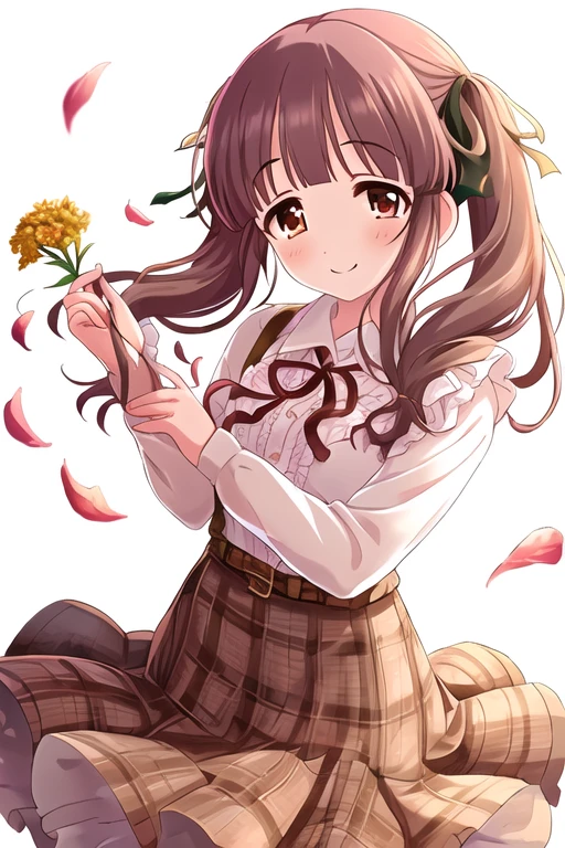 Ogata Chieri, 1girl, belt, blouse, blush, bow, brown eyes, brown hair, closed mouth, falling petals, flower, gradient background, hair ribbon, hand up, holding, holding flower, long hair, looking at viewer, petals, plaid, plaid skirt, ribbon, shirt, skirt, smile, solo, standing, suspender skirt, suspenders, twintails
<lora:deresute-000016:1>