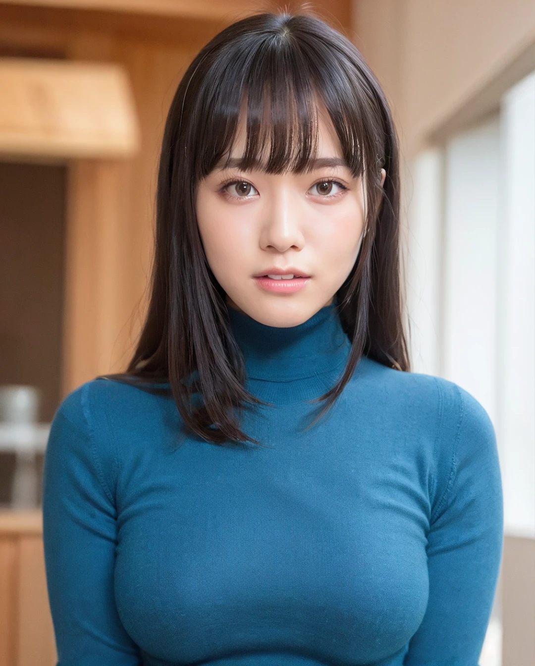 best quality, photorealistic, 8k, high res, 1girl, woman, (skindentation),  (professional lighting), (portrait:0.6), (blue turtleneck sweater), gorgeous, (short black hair:1), (looking at the camera), ((looking at viewer:1.5)), (looking at the camera), photorealistic, (bokeh), (portait:0.6), gorgeous, (dynamic pose:1.2), intense lighting to face area, lips, (teeth:1.3), smile,  <lora:VCOMix-B2-EP3-UmiV2:0.75>