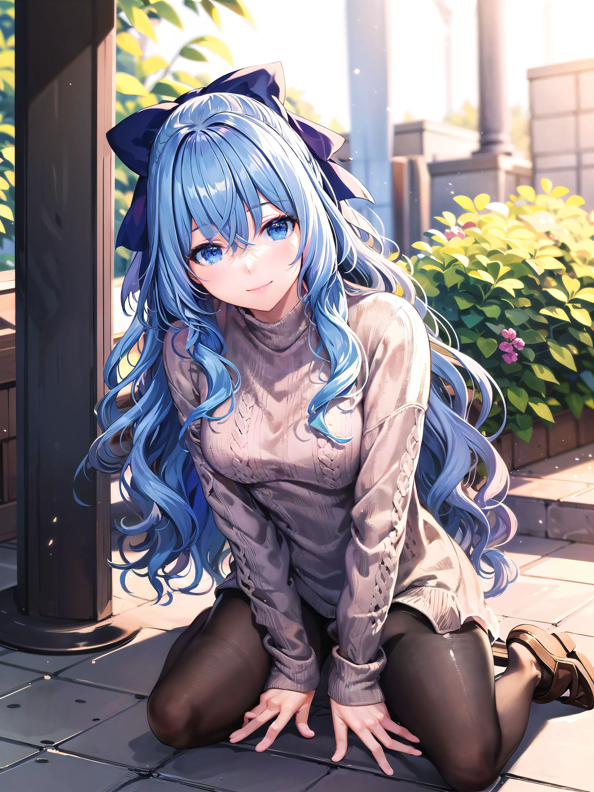 masterpiece, best quality, LiselotteCretia, light smile, kneeling, hands between legs, long hair, wavy hair, bangs, hair between eyes, hair bow, blue eyes, (blue hair:1), (casual:1.3), sweater, pantyhose, outdoors <lora:LiselotteCretia6:0.7>