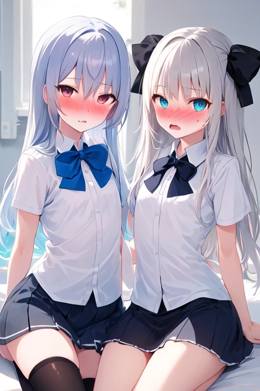 2girl, flat chest, (silver hair), blue bow, dress, miniskirt, flat chest, wariza, long hair, (masterpiece, best quality), nose blush,