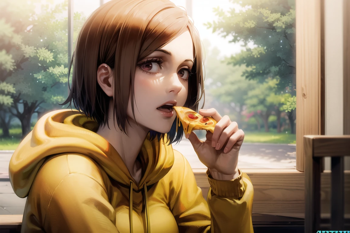 1girl,  beautiful NobaraJK,holding, hood, hood_down, hoodie, open_mouth, pants, sitting, yellow_hoodie, eating, food, holding_food, holding_pizza, pizza, table, volumetric lighting, best quality, masterpiece, intricate details, tonemapping, sharp focus, hyper detailed, trending on Artstation, <lora:NobaraJK:1>