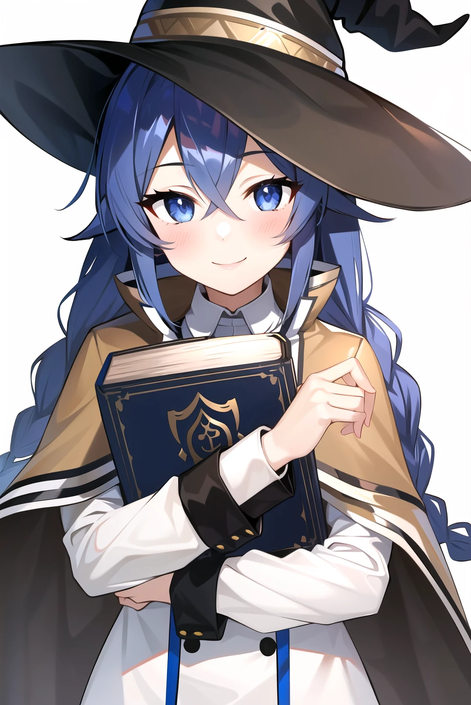 roxy migurdia, 1girl, bangs, blue eyes, blue hair, blush, book, book hug, braid, brown cape, brown capelet, brown headwear, cape, capelet, collared shirt, crossed bangs, dress, hair between eyes, hat, holding, holding book, long braid, long hair, long sleeves, looking at viewer, object hug, shirt, simple background, smile, solo, staff, tsurime, twin braids, upper body, white background, white dress, witch hat, ((masterpiece)),  <lora:roxy_migurdia_offset:1>