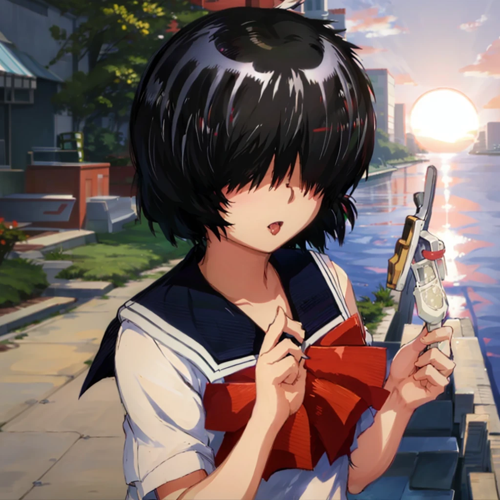Urabe, serafuku, (hair over eyes:1.3), anime, masterpiece, best quality, tongue out, wind, sunset