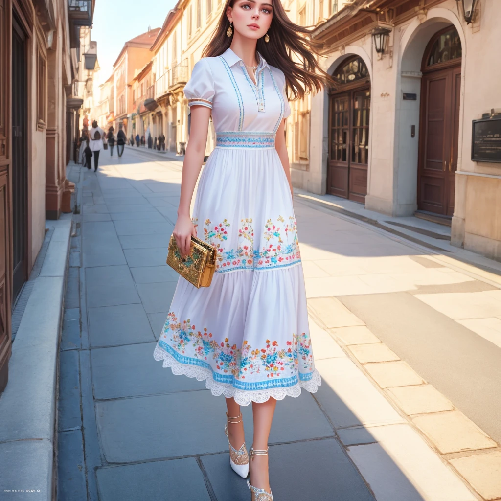 Masterpiece, high quality, 4K, beautiful design, shiny, from above, top angle, (redshift style:1.1), (analog style:1.1), sexy, realistic, photo shoot, professional, high contrast, European woman,[Elle Fanning|Lana Rhoades], 1girl, solo, expressive look, HDR, highest quality, sharp focus, looking at viewer, facing viewer, 8k, blue eyes, superb quality, analog style, full body shot, woman walking in the streets,

 <lora:FrenchSummerWear1:0.65>,FSW, a woman in a white dress and heels superb embroidery on the dress, with floral print , woman wearing FSW