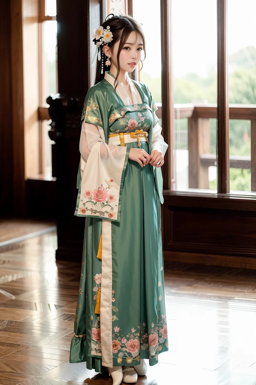 (best quality, masterpiece:1.1), (realistic, photo-realistic:1.1), cute, dating, (nose blush), (closed mouth) small breasts, beautiful detailed eyes,<lora:koreanDollLikeness_v15:0.2>,<lora:japaneseDollLikeness_v10:0.1>,<lora:hanfu_v29:0.75>,( full body:1.2), 1girl, tang style outfits, tang hanfu, under shan, chest ru skirt