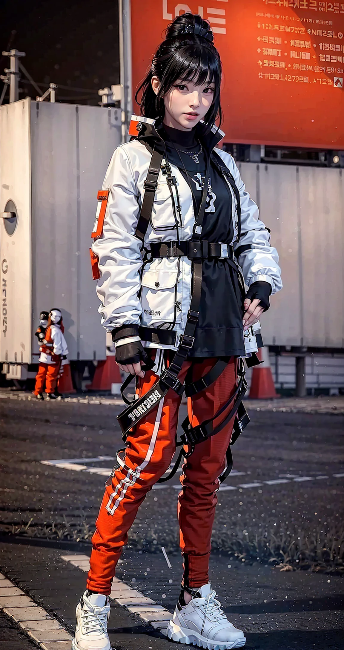 (original: 1.2), (far shot), (realistic: 1.3) (mixed Korean), masterpiece, best quality, beautiful clean face, fullbody, 1girl, teenager, wearing black techwear jacket and orange trousers with buckle and tape, (crystal necklace), posing for a picture, (red braided bun), long legs, big happy warm smile, on the street <lora:urbansamuraiv3testing:0.8>  ulzzang-6500-v1.1 <lora:koreanDollLikeness_v15:0.2>
