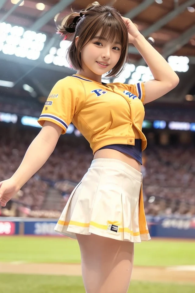 1girl,  sportwear, jacket, lips, lipstick, realistic, skirt, uniform, baseball_uniform, solo, standing, best quality, photorealistic, masterpiece, 8k, high res, solo,  (((woman))), (medium breast), ((looking at the viewer)), (looking at the camera), (short hair), pony tail, (professional lighting, bokeh),top angle view, extremely detailed face,  fashionable and trendy atmosphere, japan, street, stadium,  sakura, sakura blossom, ((daytime)), (portrait:0.6), seductive smile,  gorgeous, floating hair, (light particles, lens flare, glowing particles:0.6), (dynamic pose:1.2), soft lighting, brown hair,  full body, smile,  mole_under_eye,  <lora:Qunqun:0.8>