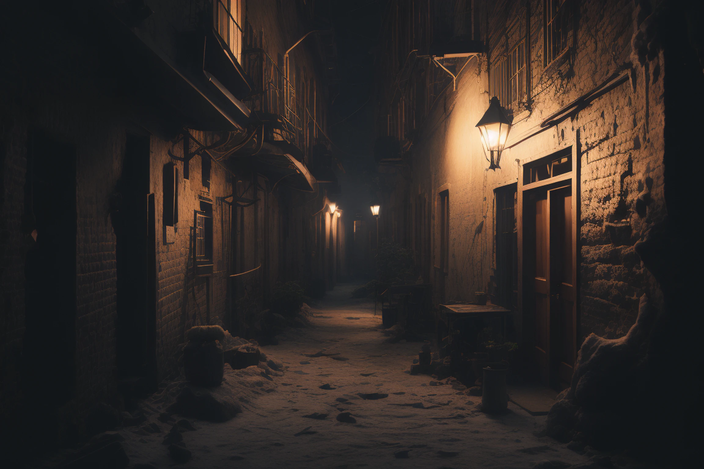 18th centruy, a backalley, warm glow, blowing snow, night, dark moody atmosphere, 8k uhd, dslr, soft lighting, high quality, volumetric lighting