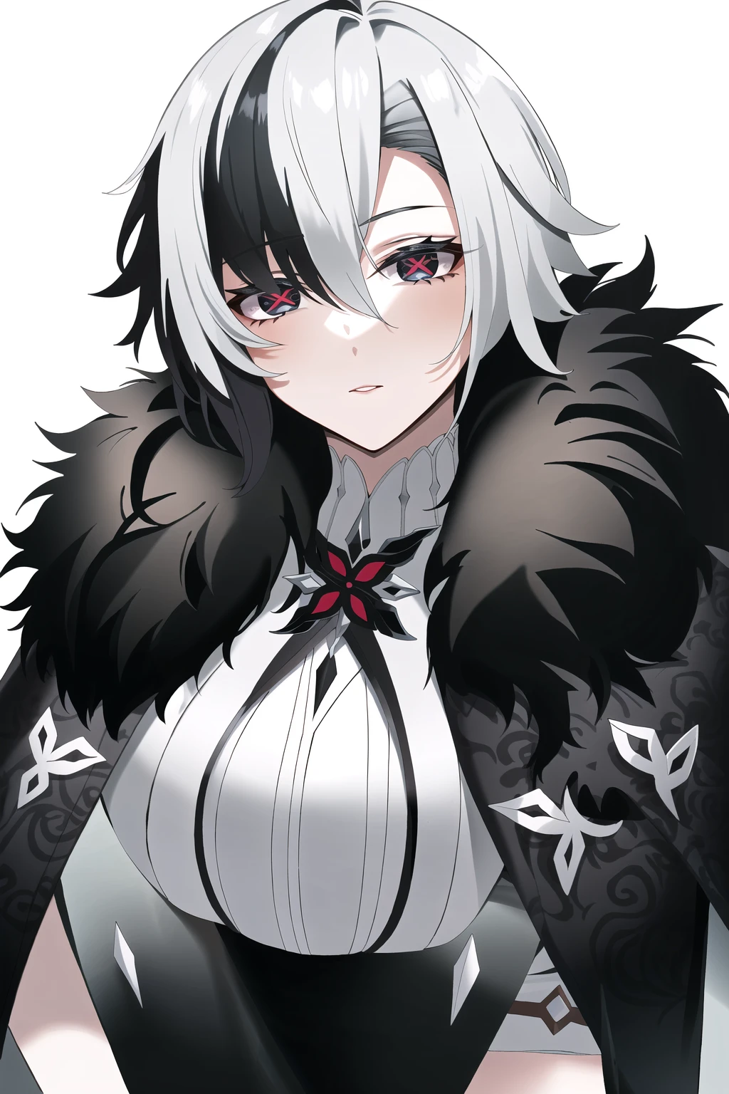 ((best quality)), ((masterpiece)), (detailed), perfect face, perfect hand, arlecchino, hair between eyes, black hair, white hair, short hair, coat, fur trim, fur-trimmed coat, (x-shaped eyes, symbol shaped eyes, cross eyes), in classroom, close up, pleasure expression