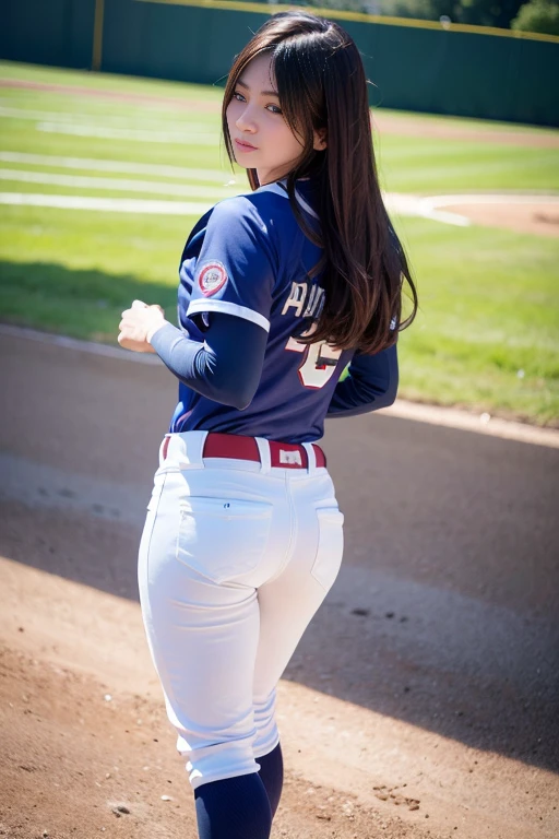 best quality,highly detailed,masterpiece,ultra-detailed (baseball uniform:1.1),(realistic:1),(wavy hair:1.0),(floating hair:1.0),(dynamic pose:0.9),(street:0),(smirk:1.2),(8k, RAW photo, best quality, masterpiece:1.2), (realistic, photo-realistic:1.37),(baseball bat:1),(arms behind back:1.2),(eyeball:1.2),a woman in a ((baseball uniform)),((masterpiece)), (((best quality))), ((ultra-detailed)), detailed skin texture,realistic,((detailed fingers)),(detailed face),detailed hair, (full body), <lora:japanese_actress_mix-V5:0.4>