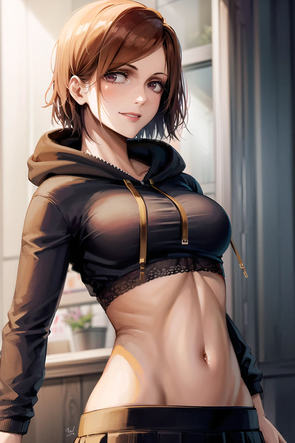 1girl, beautiful NobaraJK, long_sleeves, hood, hood_down, hoodie, skirt, smile, cropped_hoodie, navel, crop_top, nail_polish, stomach, black_hoodie, black_skirt, midriff, pleated_skirt, volumetric lighting, best quality, masterpiece, intricate details, tonemapping, sharp focus, hyper detailed, trending on Artstation, <lora:NobaraJK:1>