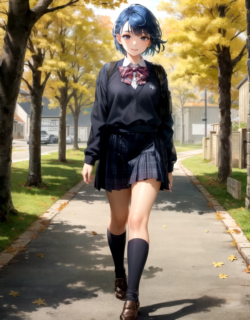 masterpiece, best quality, ultra-detailed, beautiful lighting, 1girl, (blue hair:1.2), black eyes, walking, autumn, happy, smiling, school uniform, full shot, short hair, glossy lips, full body, arms down