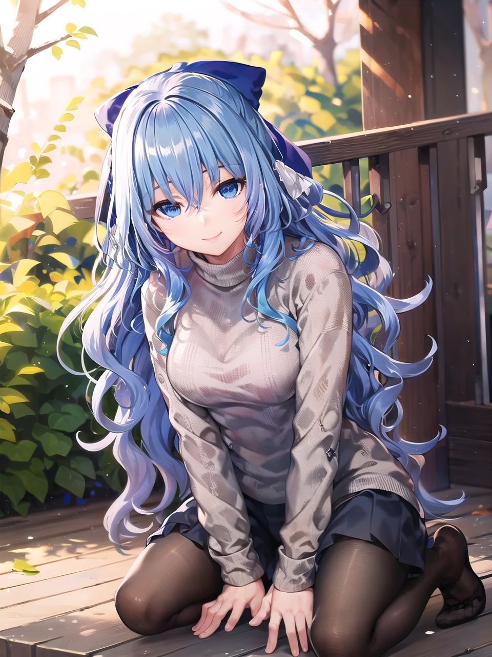 masterpiece, best quality, LiselotteCretia, light smile, kneeling, hands between legs, long hair, wavy hair, bangs, hair between eyes, hair bow, blue eyes, (blue hair:1), (casual:1.3), sweater, pantyhose, outdoors <lora:LiselotteLocon:0.7>