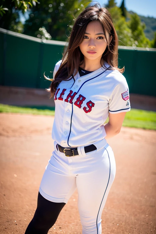 best quality,highly detailed,masterpiece,ultra-detailed (baseball uniform:1.1),(realistic:1),(wavy hair:1.0),(floating hair:1.0),(dynamic pose:0.9),(street:0),(smirk:1.2),(8k, RAW photo, best quality, masterpiece:1.2), (realistic, photo-realistic:1.37),(baseball bat:1),(arms behind back:1.2),(eyeball:1.2),a woman in a ((baseball uniform)),((masterpiece)), (((best quality))), ((ultra-detailed)), detailed skin texture,realistic,((detailed fingers)),(detailed face),detailed hair, (full body), <lora:japanese_actress_mix-V5:0.4>