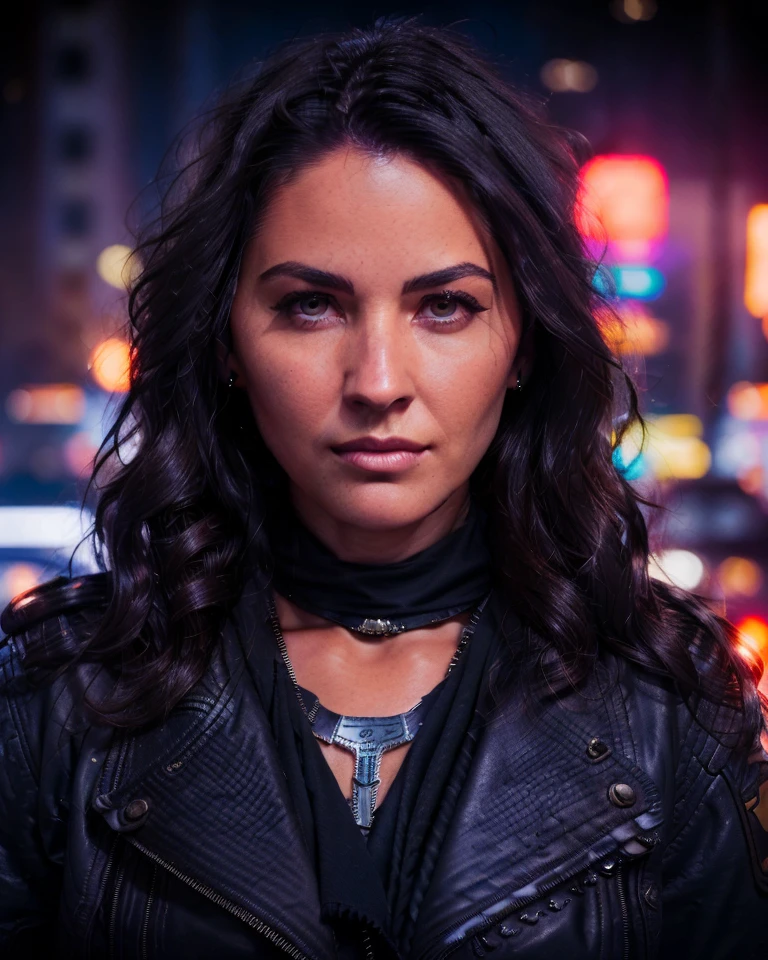 a close up of olmun as a beautiful female model, georgia fowler, beautiful face, with short dark brown hair, in cyberpunk city at night. She is wearing a leather jacket, black jeans, dramatic lighting, (police badge:1.2)

 <lora:Olivia Munn:0.9>