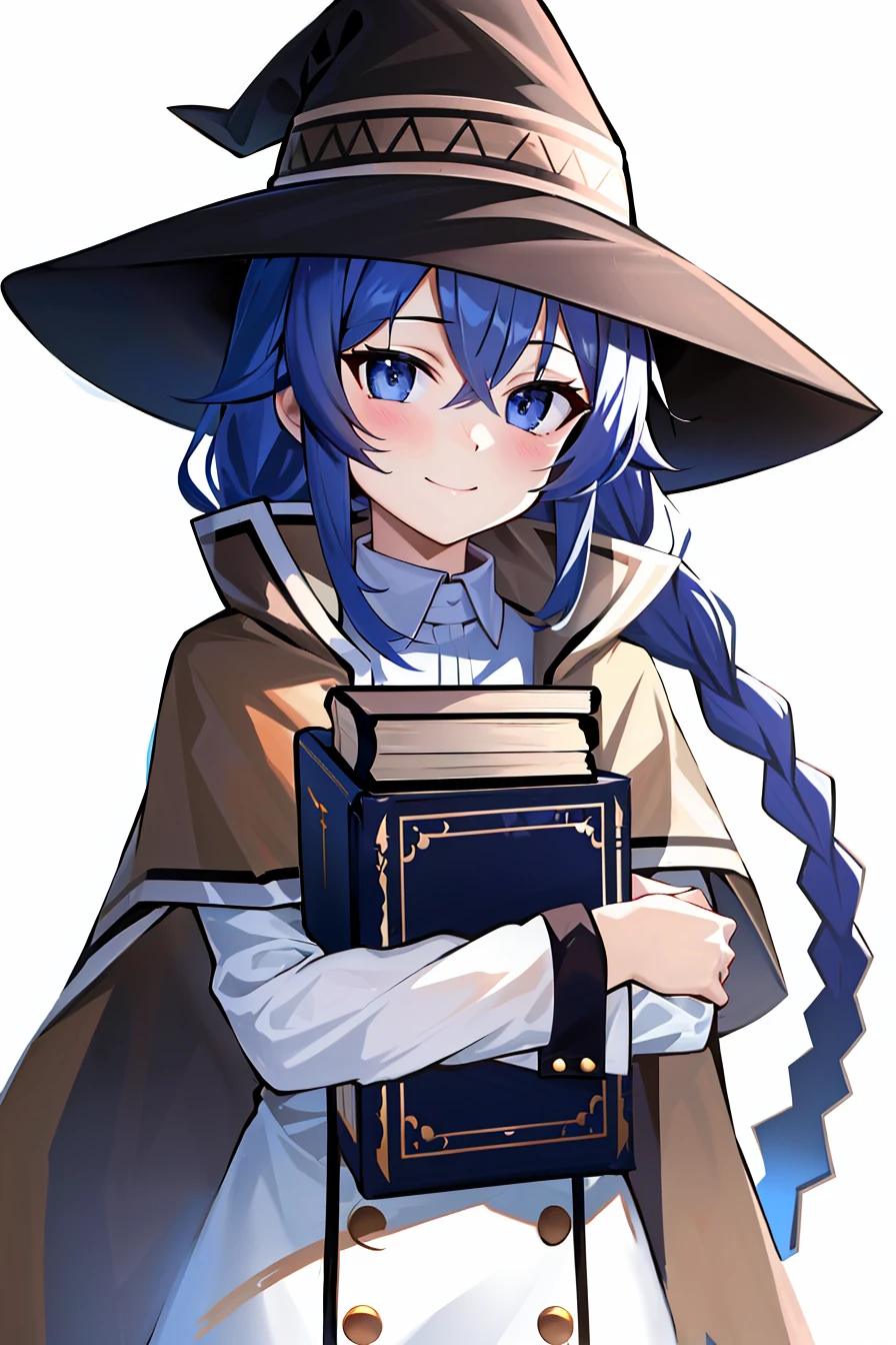 roxy migurdia, 1girl, bangs, blue eyes, blue hair, blush, book, book hug, braid, brown cape, brown capelet, brown headwear, cape, capelet, collared shirt, crossed bangs, dress, hair between eyes, hat, holding, holding book, long braid, long hair, long sleeves, looking at viewer, object hug, shirt, simple background, smile, solo, staff, tsurime, twin braids, upper body, white background, white dress, witch hat, ((masterpiece)),  <lora:roxy_migurdia_offset:1>