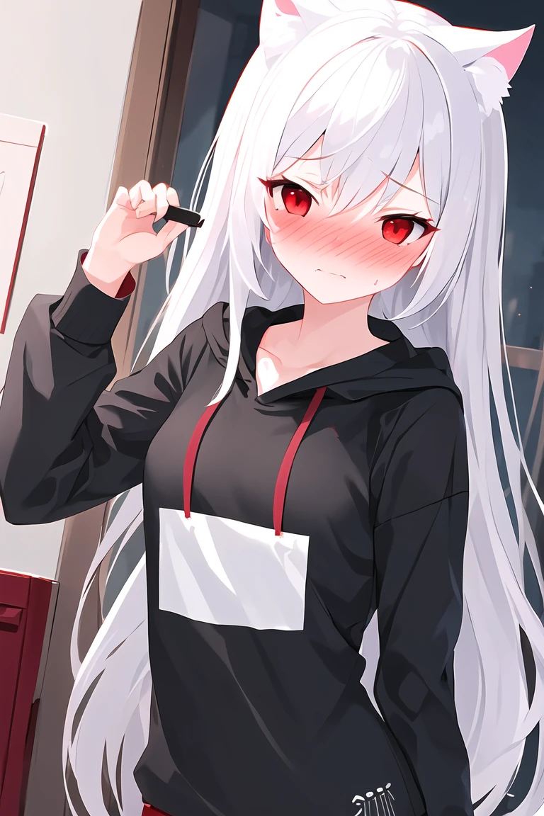 1 girl, ponytail, improvised gag, tape gag, gagged, duct tape, tape bondage, arms behind back, bound arms, shirt, skirt, blush,alice,vampire,grey hair, long hair, red eyes, pointy ears, small breasts.