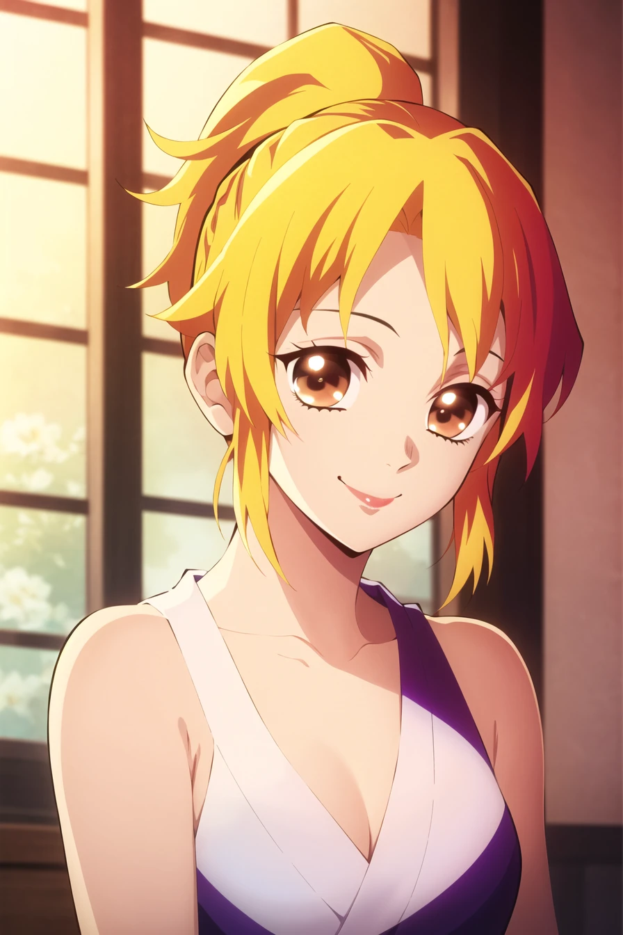 kimetsu no yaiba style,1girl, solo, looking at viewer, brown hair, brown eyes, blurry background, blurry, multicolored hair, ponytail, blonde hair, upper body, dress, flower, bare shoulders, smile, lipstick, closed mouth, anime coloring, ((masterpiece)) <lora:kimetsu_no_yaiba_style_offset:1>