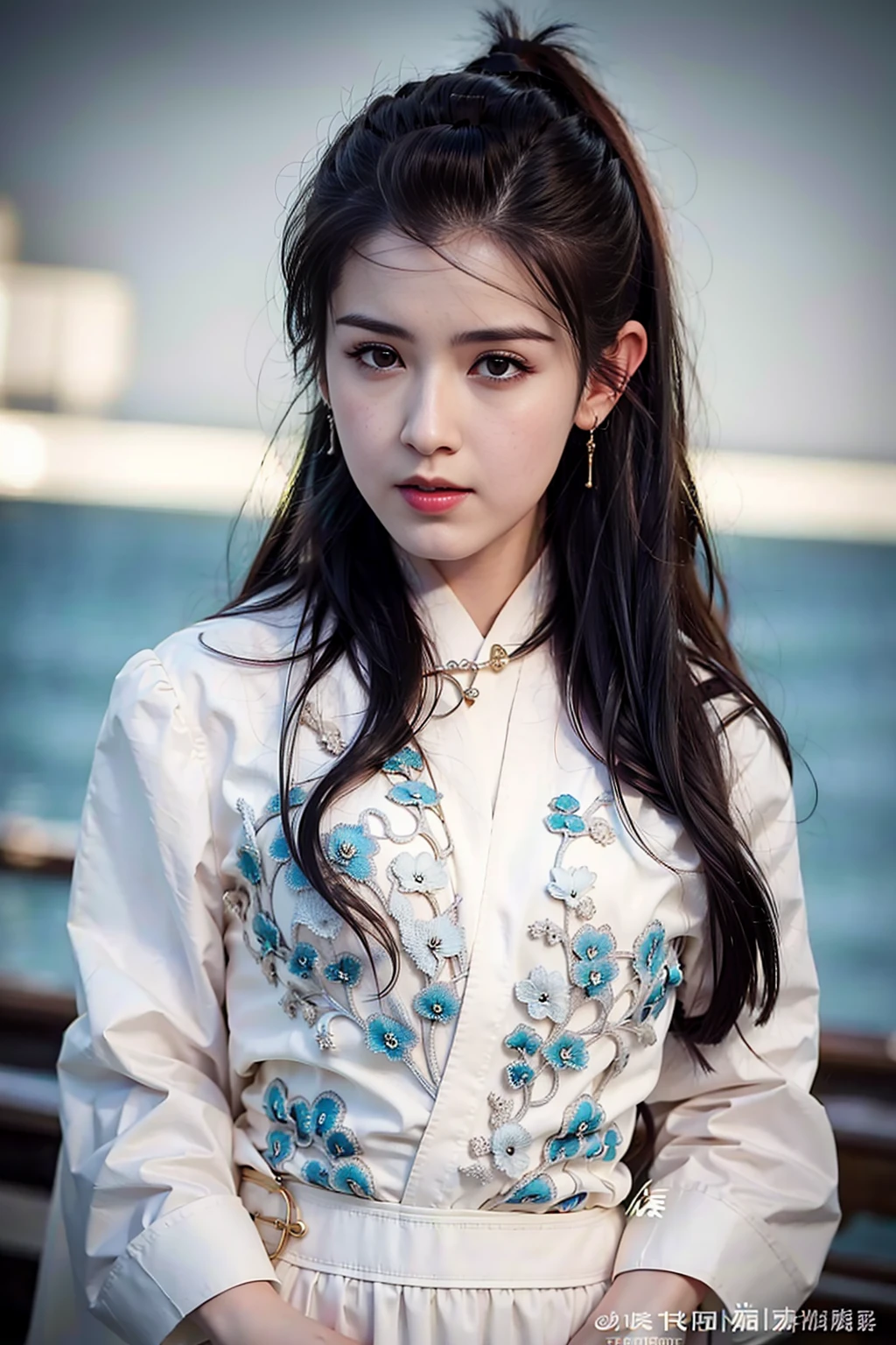 masterpiece, best quality, 1girl, aqua eyes, black hair, closed mouth, multicolored background, looking at viewer, outdoors, solo, upper body, alluring, clean, beautiful face, pure face, pale skin, sexy pose,((hanfu, chinese clothes)),long hair, ((perfect female figure)), mature female, milf, narrow waist, chinese deity, seductive, highly detailed,best quality, masterpiece, highres, original, extremely detailed 8K, wallpaper, masterpiece, best quality, illustration, beautifully detailed eyes, cinematic lighting, beach,