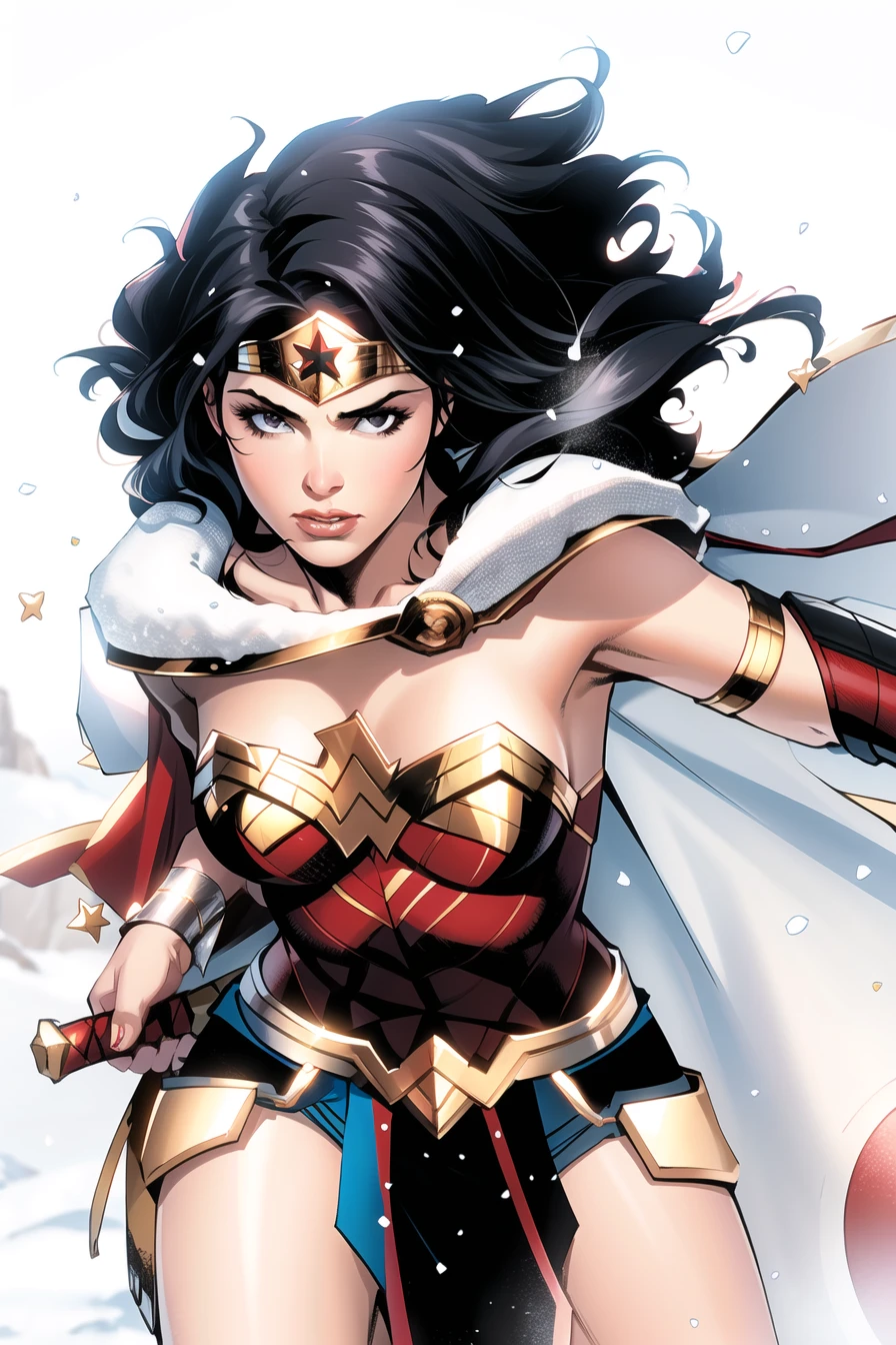jim lee,
1girl, wonder woman, armlet, black hair, blurry, bracer, breath, cape, cowboy shot, depth of field, holding, holding weapon, lasso, looking at viewer, parted lips, pommel, realistic, reverse grip, shield, skirt, snow, snowing, solo, superhero, sword, tiara, toned, weapon, weapon behind back
, ((masterpiece))
<lora:jim_lee_offset:1>