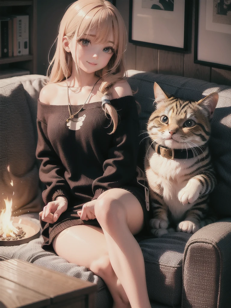 A cozy illustration of a girl sitting on a comfortable couch in front of a warm fire. She is petting a cute cat who is curled up beside her. The room is dimly lit and the fire is casting a warm glow across the room. The girl is wearing comfortable clothes and a content expression on her face, as if she's enjoying a quiet evening at home. The atmosphere is peaceful and relaxing.