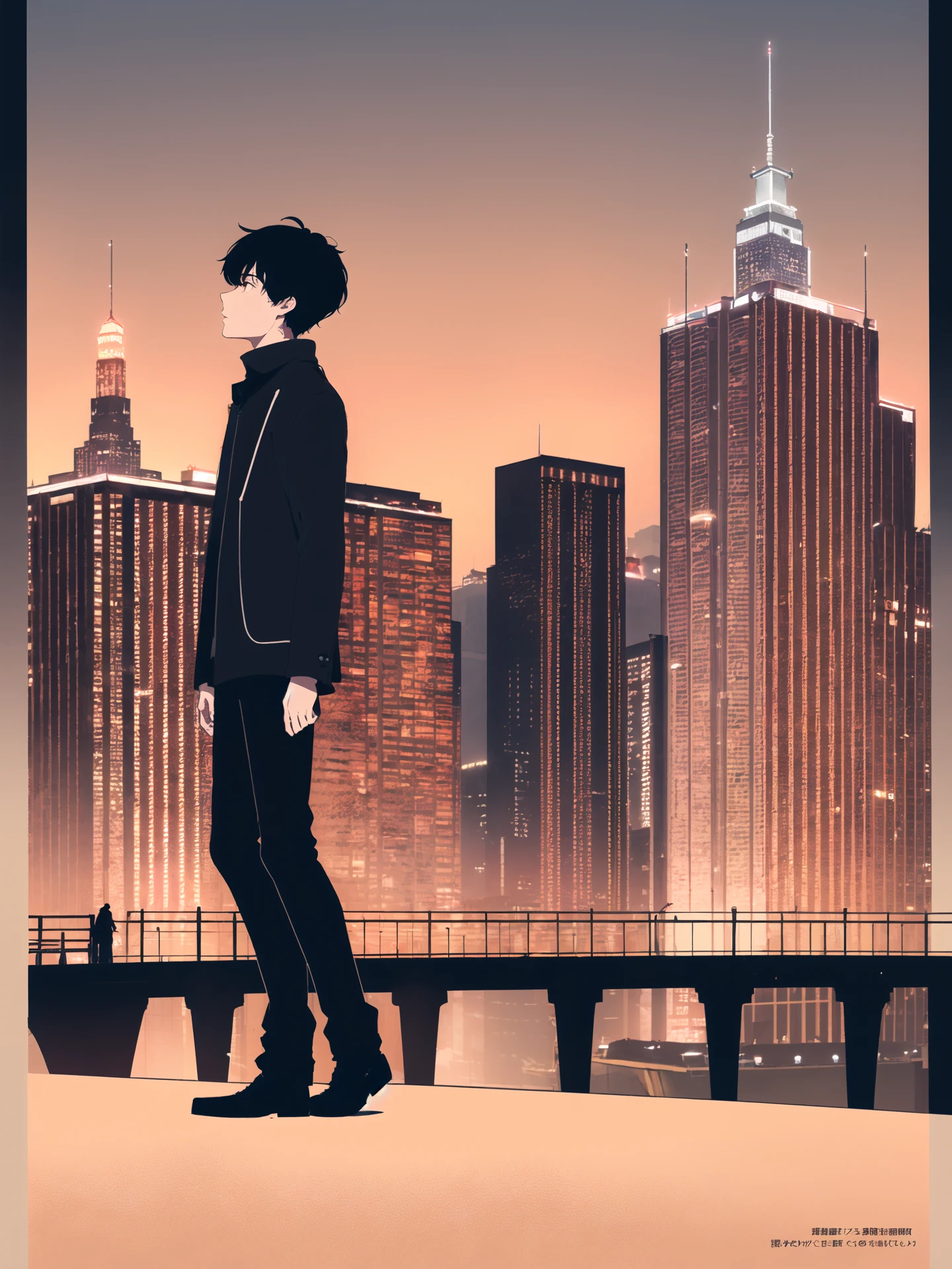 masterpiece, best quality, 1boy, flat color, limited palette, low contrast, (ligne claire), long straight black hair, looking away, standing. smoke, night sky, city, sunset, sky scrapers, bridge, depth of field, black, red, orange, brown, autumn, haze,
