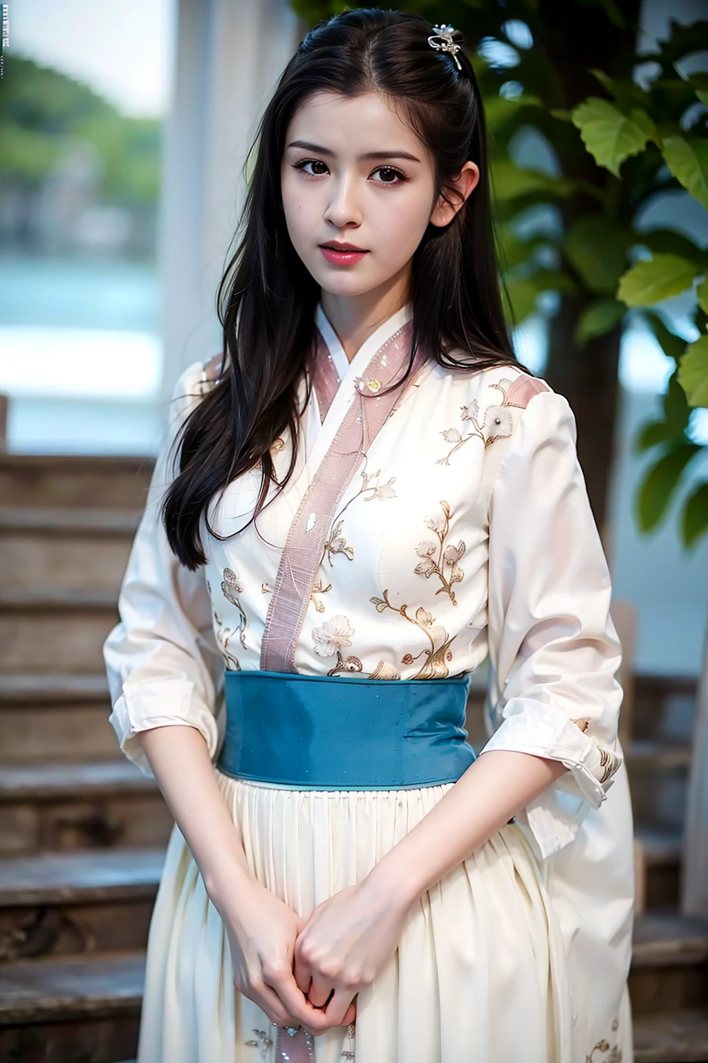 masterpiece, best quality, 1girl, aqua eyes, black hair, closed mouth, multicolored background, looking at viewer, outdoors, solo, upper body, alluring, clean, beautiful face, pure face, pale skin, sexy pose,((hanfu, chinese clothes)),long hair, ((perfect female figure)), mature female, milf, narrow waist, chinese deity, seductive, highly detailed,best quality, masterpiece, highres, original, extremely detailed 8K, wallpaper, masterpiece, best quality, illustration, beautifully detailed eyes, cinematic lighting, beach,