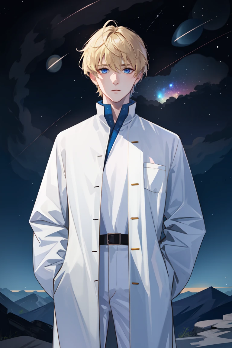 ((masterpiece:1.2, best quality)), 4k, 1boy, adult, portrait, space, galaxy, shining star, meteor shower, night sky, scenery, blonde hair, blue eyes, He is looking up at the sky, hands in pockets, white robe, blue muffler