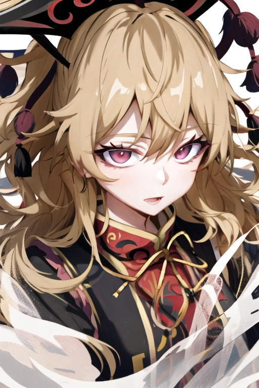 1girl, (junko (touhou)), solo, long hair, red eyes, blonde hair, earrings, hair between eyes, looking at viewer, long sleeves, jewelry, chinese clothes, tabard, hat, dress, black dress, upper body, energy, bangs, wide sleeves,red vest, pom pom (clothes), black headwear, crescent, tassel, open mouth, phoenix crown, vest, simple background, smile, blush,
shoujo-style, detailed hair,
(Highres), 8K, Detailed, Ambient Light, Digital Art, Soft Lighting, (Hyper-Detailed Background:1.2), Messy Hair, (Mature Face:1.4), (beautiful face:1.15), (((masterpiece))), (highest quality), ((perfect face)), very deep eyes, (cinematic lighting), detailed eyes, best quality, realistic background, highres, (intricate details), detailed finger, extremely detailed, intricate, award-winning, hyper-detailed, hard lighting, intricate details, eyes focus, (illustration:1.1), highres, trending on artstation