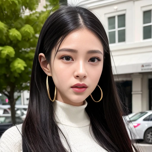(goddess-like happiness:1.2), Kpop idol, 20 years old, brown eyes, ponytail, (RAW photo:1.2), (photorealistic:1.4), (masterpiece:1.3), (intricate details:1.2), delicate, beautiful detailed, (detailed eyes), (detailed facial features), (turtleneck sweater), petite, small breasts, narrow waist, (looking_at_viewer:1.5), big circle earrings, slim_legs, (skinny), (best quality:1.4), (ultra highres:1.2), cinema light, outdoors, (extreme detailed illustration), (lipgloss, eyelashes, best quality, ultra highres, depth of field, caustics, Broad lighting, natural shading, 85mm, f/1.4, ISO 200, 1/160s:0.75), dynamic pose, <lora:TWbabe5:0.75>