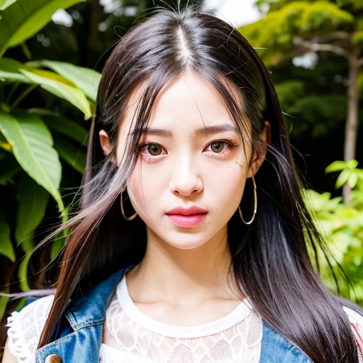 (goddess-like happiness:1.2), Kpop idol, (smile:1.2), (RAW photo:1.2), (photorealistic:1.4), (masterpiece:1.3), (intricate details:1.2), delicate, beautiful detailed, (detailed eyes), (detailed facial features), (25 years old female with fashion jacket and tshirt), tall female, petite, small breasts, narrow waist, (facing camera), (looking_at_viewer:1.2), from_front, big circle earrings, slim_legs, (best quality:1.4), (ultra highres:1.2), cinema light, outdoors, (extreme detailed illustration), (lipgloss, eyelashes, best quality, ultra highres, depth of field, caustics, Broad lighting, natural shading, 85mm, f/1.4, ISO 200, 1/160s:0.75),<lora:TWbabe5:0.75>