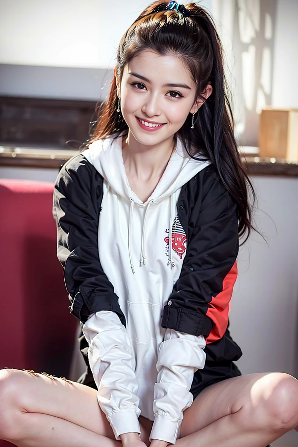 masterpiece, best quality, 1girl, aqua eyes, black hair, closed mouth, multicolored background, looking at viewer, outdoors, solo, upper body, alluring, clean, beautiful face, pure face, pale skin, sexy pose,((hoodie)),long hair, ((perfect female figure)), mature female, milf, narrow waist, chinese deity, seductive, highly detailed,best quality, masterpiece, highres, original, extremely detailed 8K, wallpaper, masterpiece, best quality, illustration, beautifully detailed eyes, cinematic lighting, smile,