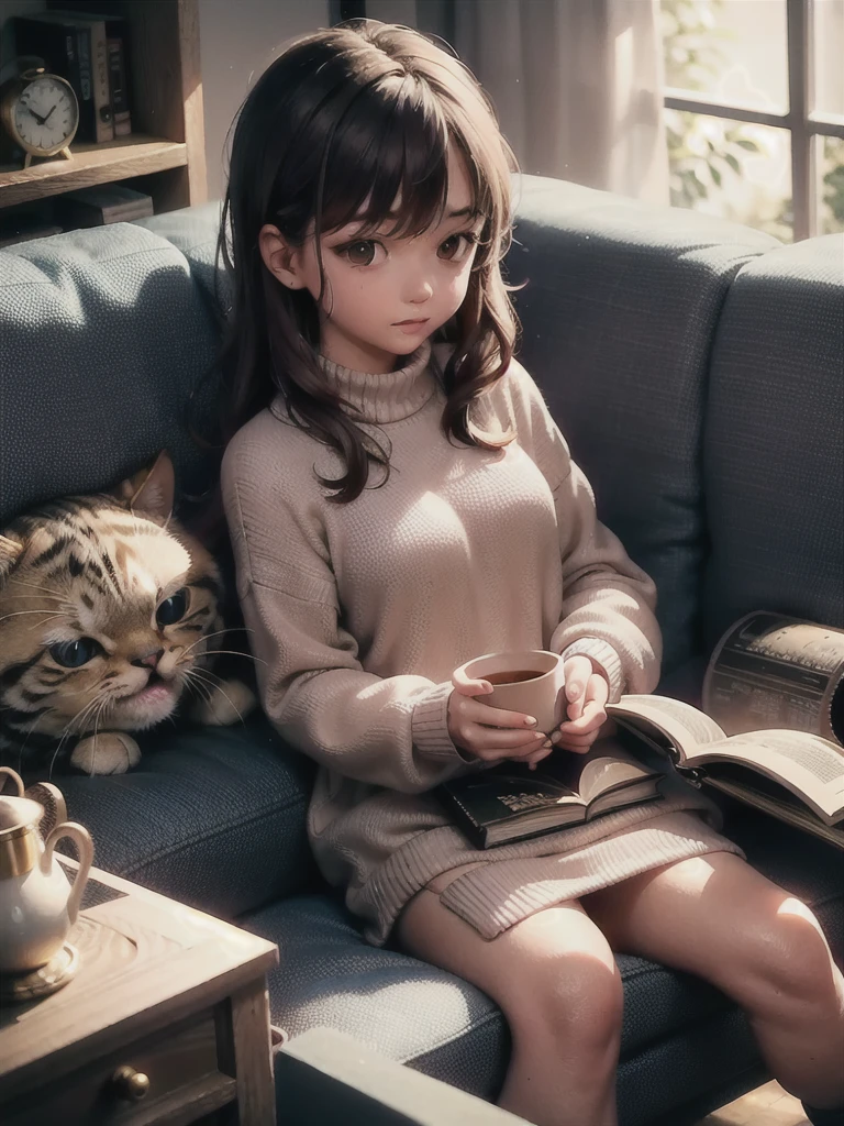 A girl wearing a cozy sweater, sitting on a couch with a fluffy cat in her lap, a book open on the side table, and a warm cup of tea on the other side. The room is dimly lit with a soft glow coming from a lamp on the floor, creating a cozy atmosphere. Outside, it's raining, adding to the cozy ambiance.